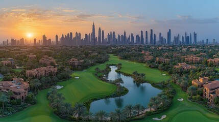 A scenic view of a golf course with a city skyline at sunset.