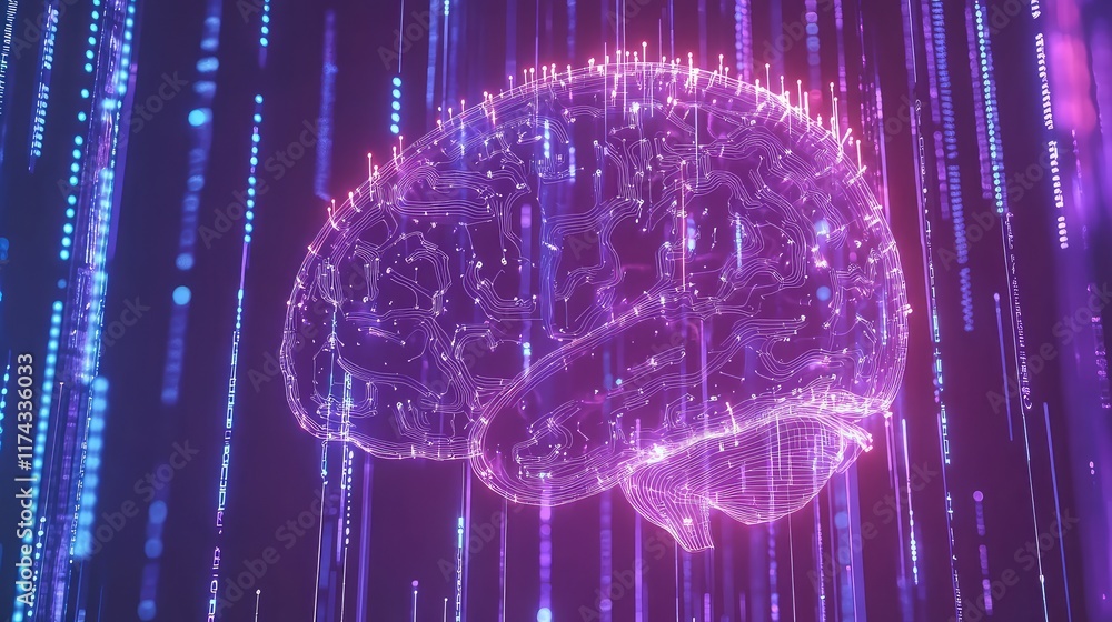 Poster a glowing holographic brain interconnected with ai circuits, displayed on a futuristic dark gradient