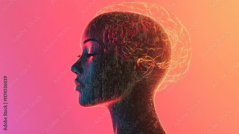 Poster a glowing holographic brain symbolizing the intersection of ai and innovative development on a clean