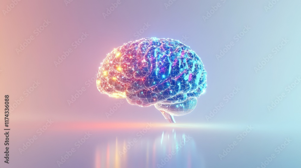 Poster a glowing holographic brain symbolizing the intersection of ai and innovative development on a clean