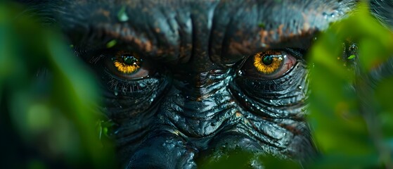 Intense Close-Up of Gorilla Eyes Piercing Through Lush Green Jungle Foliage, Capturing Wild Nature's Soulful Gaze