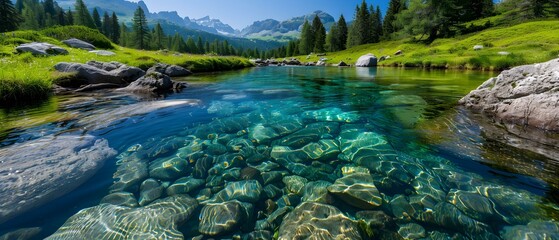 Naklejka premium Crystal Clear Mountain River with Colorful Stones Under Water Surrounded by Lush Green Trees and Majestic Peaks in Bright Sunlight