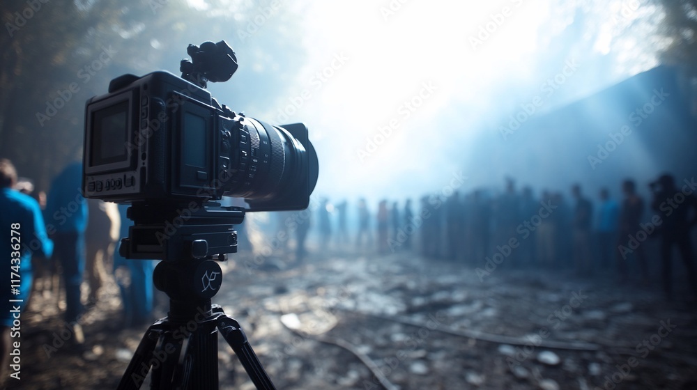Poster a camera captures a foggy scene with a crowd in the background.