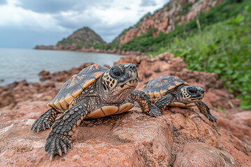 Turtles Resting on Rocky Beach Under Bright Sky with Scenic Landscape