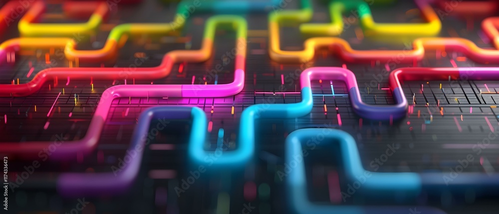 Poster colorful neon lines forming abstract patterns against a dark background with glowing effects and dyn