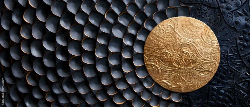 Poster elegant combination of textures with black scales and golden circular element on artistic background