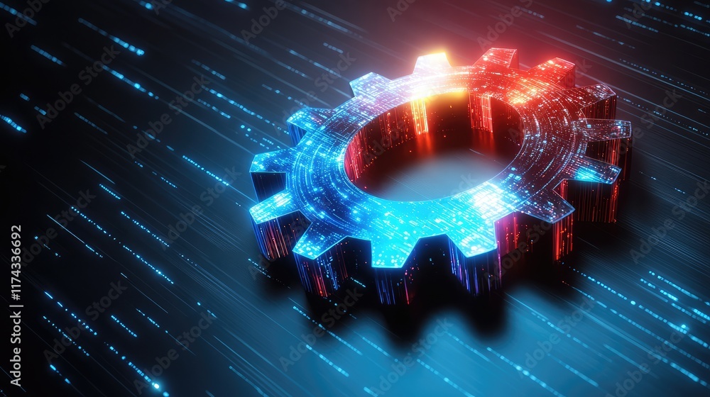 Poster a glowing holographic gear symbolizing ai-driven business automation on a clean futuristic gradient 