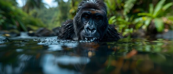 Obraz premium Intimate Close-Up of a Mountain Gorilla Swimming in a Tropical Forest Habitat Surrounded by Lush Green Vegetation