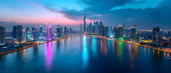Obraz premium Stunning Aerial View of Urban Skyline Reflected in Water with Colorful Lights at Dusk in Modern Cityscape