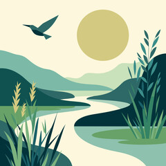Obraz premium Vector wetlands swamps with reeds, mangroves, and birds in flight, Swamp landscape. View of the river bank