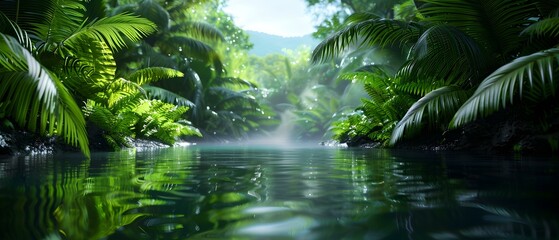Fototapeta premium Serene Jungle Oasis with Lush Greenery and Calm Reflective Water Surrounded by Tropical Plants and Misty Atmosphere