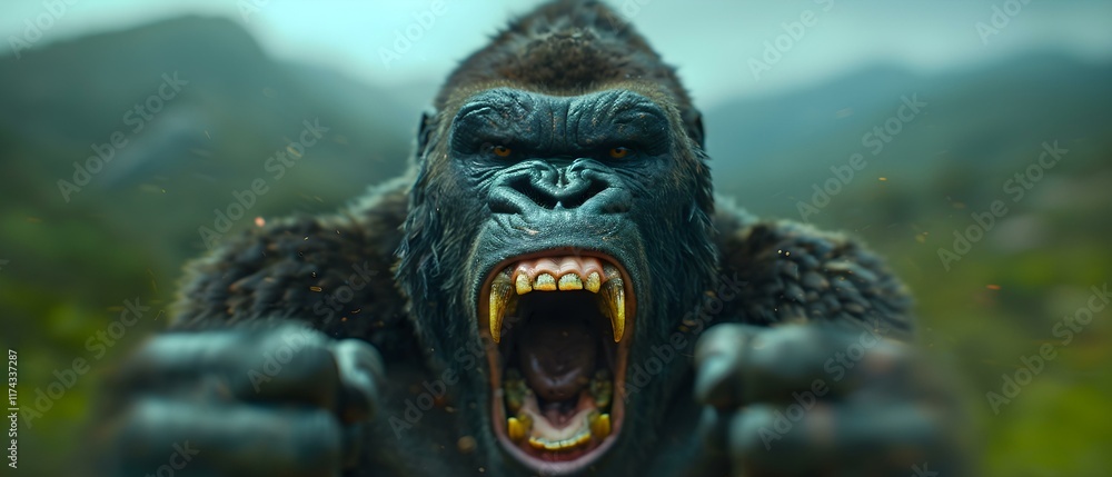 Poster powerful gorilla confronting the viewer in a lush wilderness setting with a roaring expression