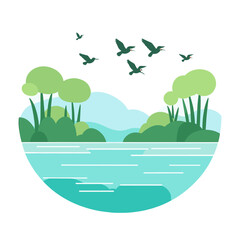 Fototapeta premium Vector wetlands swamps with reeds, mangroves, and birds in flight, Swamp landscape. View of the river bank