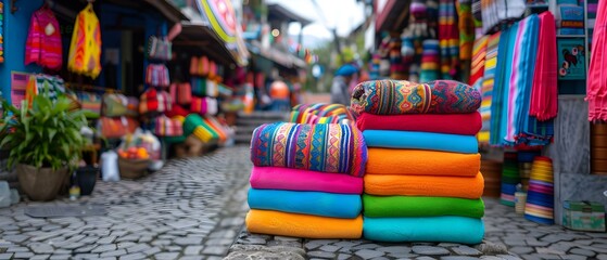 Fototapeta premium Vibrant Array of Colorful Textile Blankets Stacked in a Bustling Marketplace with Cobblestone Pathway