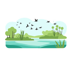 Vector wetlands swamps with reeds, mangroves, and birds in flight, Swamp landscape. View of the river bank