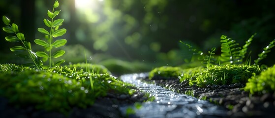 Serene Forest Stream Flowing Through Lush Green Moss and Ferns with Soft Light Filtering Through Trees