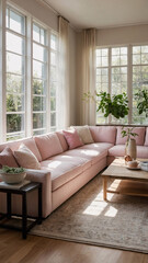 Elegant and cozy living room with a baby pink sofa large windows allowing sunlight and pastel pink elements for a spacious modern design