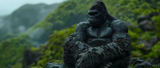 Majestic ape statue resting on rugged terrain amidst lush green foliage in a misty jungle environment