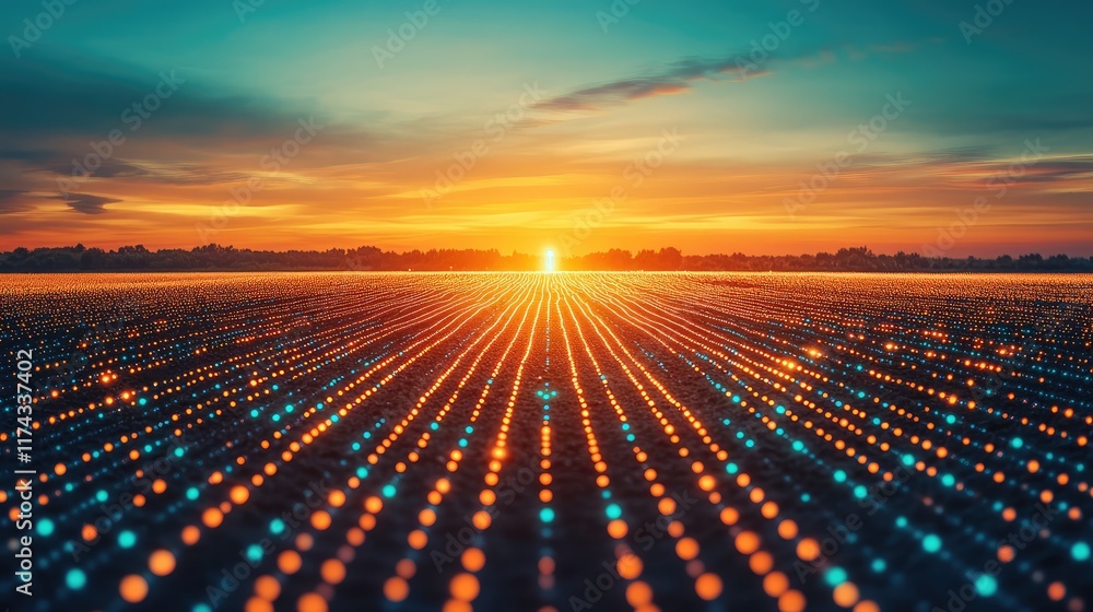 Aufkleber a glowing holographic representation of a smart field with connected sensors monitoring soil health,