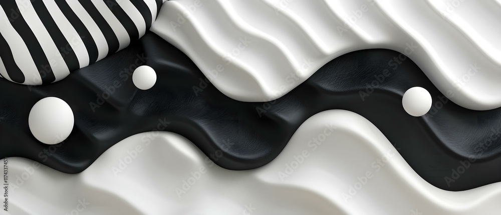 Poster abstract black and white texture featuring wavy lines and spherical shapes on a smooth surface for a