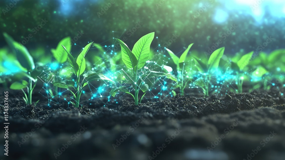 Poster a glowing holographic representation of a smart field with connected sensors monitoring soil health,