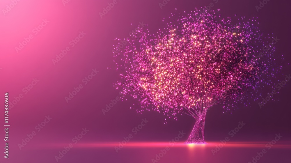 Poster a glowing holographic tree with interconnected nodes representing eco-technology on a gradient backg