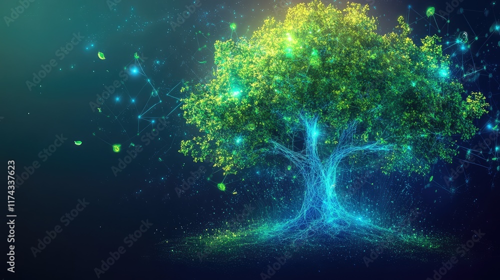 Poster a glowing holographic tree with interconnected nodes representing eco-technology on a gradient backg