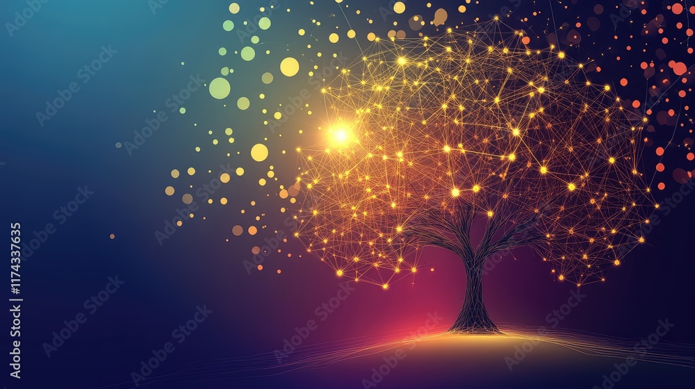 Poster a glowing holographic tree with interconnected nodes representing eco-technology on a gradient backg