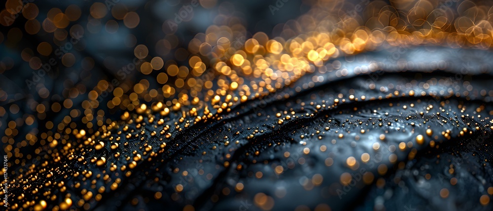 Poster abstract close-up of droplets on a dark surface showcasing shimmering golden highlights and blurred 