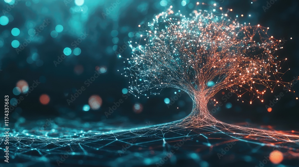 Poster a glowing holographic tree with interconnected nodes representing eco-technology on a gradient backg