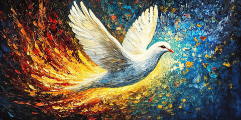 A vibrant oil painting of a dove in flight, symbolizing the Holy Spirit, peace, and divine inspiration.