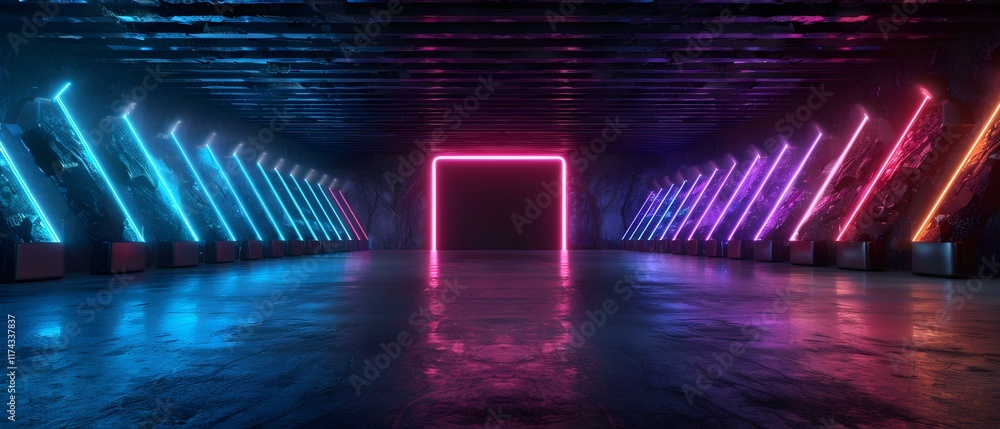 Poster futuristic neon corridor with glowing lights and empty space for creative backgrounds and visual eff