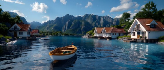 Serene Coastal Landscape with Charming Houses, Tranquil Water, and Majestic Mountains in a Bright Blue Sky