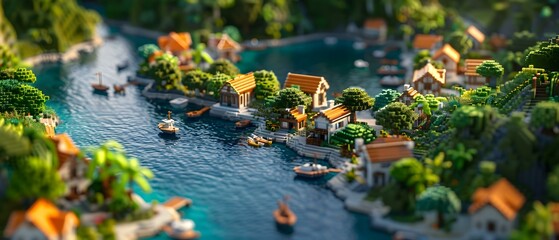 Scenic Digital Art of a Vibrant Miniature Village by the Serene River with Boats and Lush Greenery