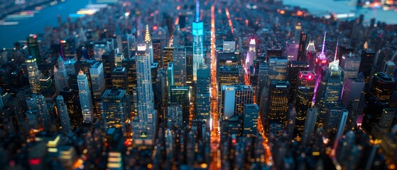 Fototapeta premium Aerial View of a Vibrant City Skyline at Night with Illuminated Buildings and Busy Streets