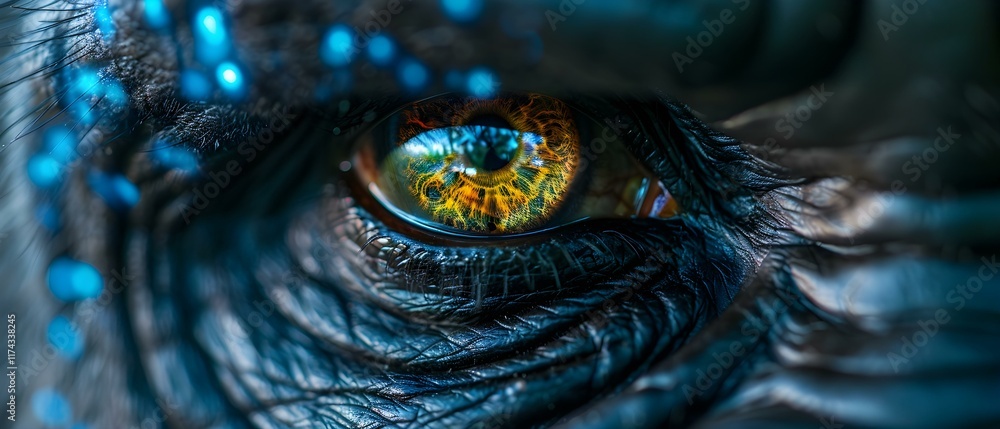 Poster close-up of a colorful eye surrounded by intricate textures and vibrant patterns in a futuristic fan