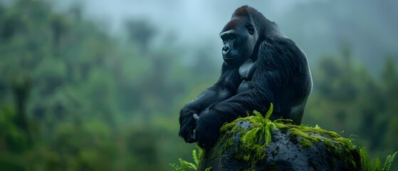 Fototapeta premium Majestic Mountain Gorilla Sitting Peacefully in Lush Green Forest with Misty Background