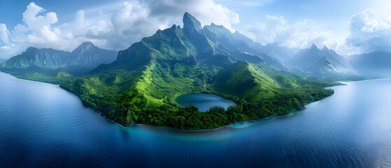 Breathtaking Panoramic View of Lush Green Mountains Surrounded by Crystal Clear Blue Waters under a Bright Sky