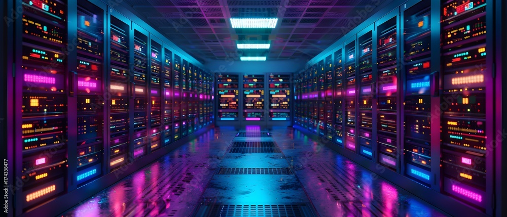 Aufkleber futuristic data center with colorful neon lights and high-tech server racks in modern digital enviro