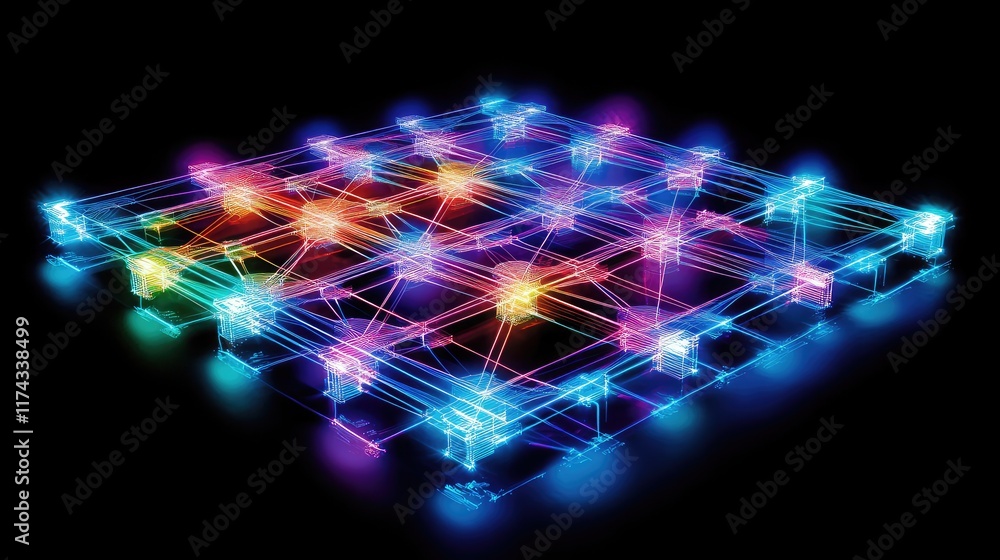Poster A glowing representation of interconnected digital twins in a vibrant grid of nodes and lines on a black background. Copy space on one side.