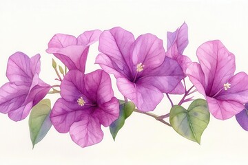 A delicate watercolor illustration of vibrant purple bougainvillea flowers and green leaves.