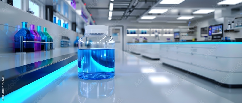 Poster brightly lit laboratory with laboratory glassware and a blue liquid-filled bottle on a counter with 