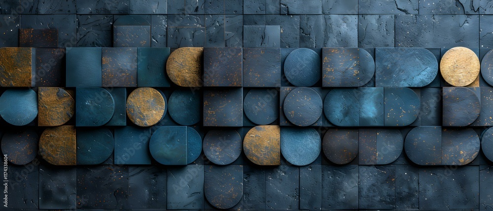 Poster abstract geometric pattern of circular and rectangular shapes in blue and gold tones on dark slate b