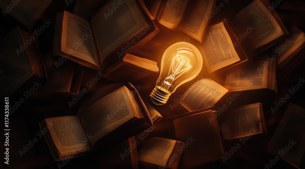Poster An enchanting scene featuring an illuminated light bulb surrounded by open books, symbolizing the fusion of creativity and knowledge.