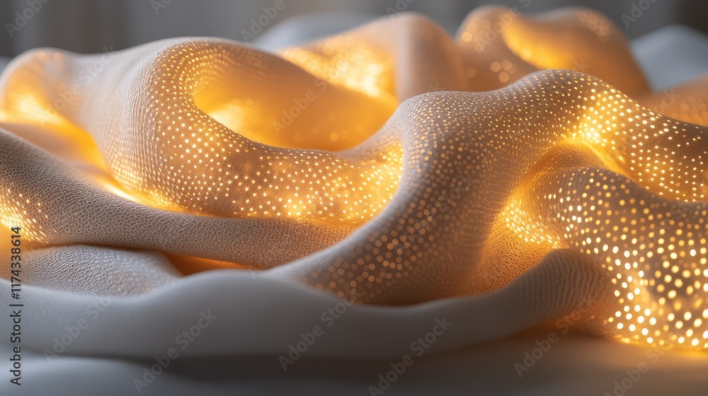 Aufkleber a glowing textile surface with ai data processing pathways integrated into the fibers, room for copy
