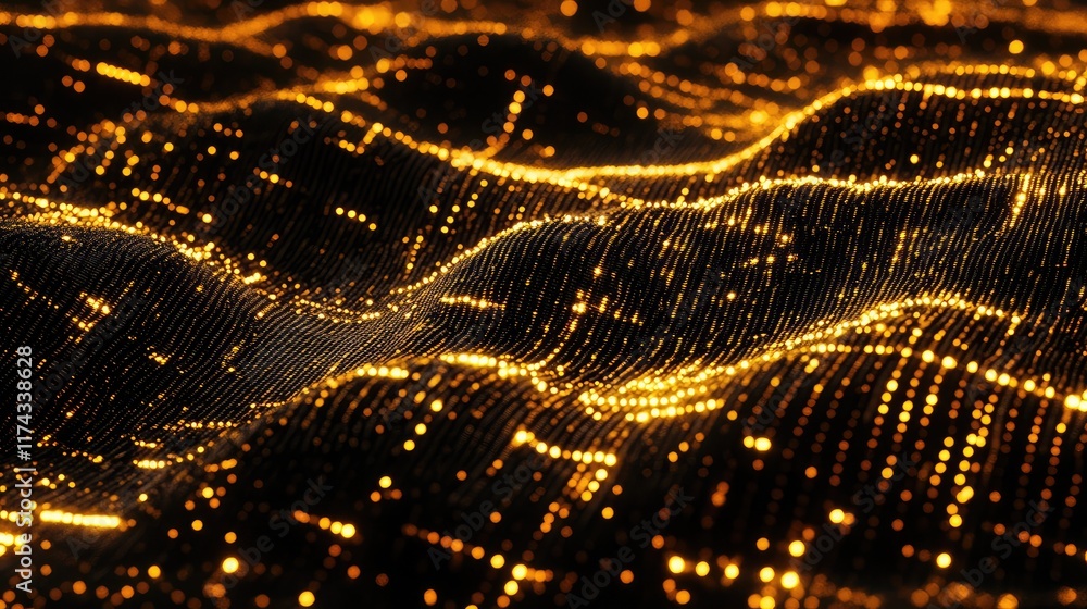 Aufkleber a glowing textile surface with ai data processing pathways integrated into the fibers, room for copy