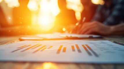 A warm, blurred image depicting hands engaged in work, with documents showing charts and graphs illuminated by sunset light.