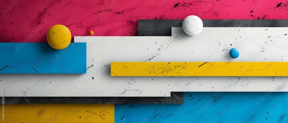 Poster bright and bold abstract geometric composition with colorful elements on textured background