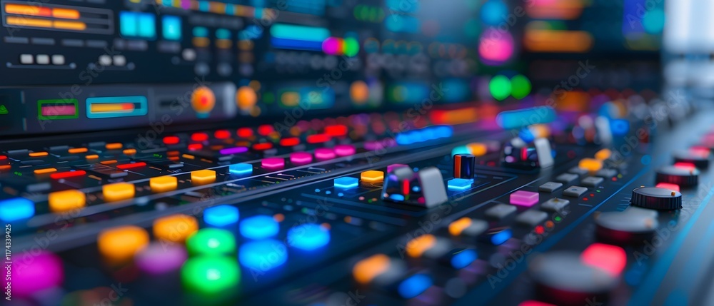 Poster colorful and modern sound mixing console with buttons and faders for music production and audio engi