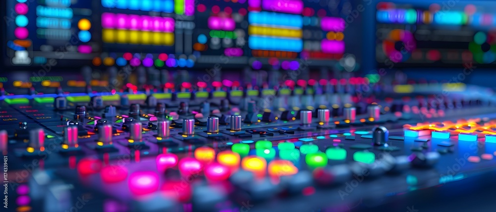 Poster colorful and vibrant music production console with illuminated buttons and controls for audio mixing